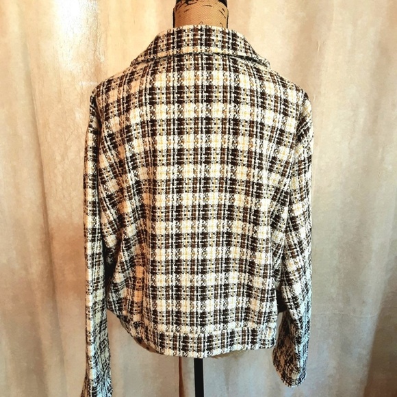 Boho Oversized Crop Blazer Jacket Brown Cream Tweed Metallic Gold Size XL - NWT - Picture 5 of 15